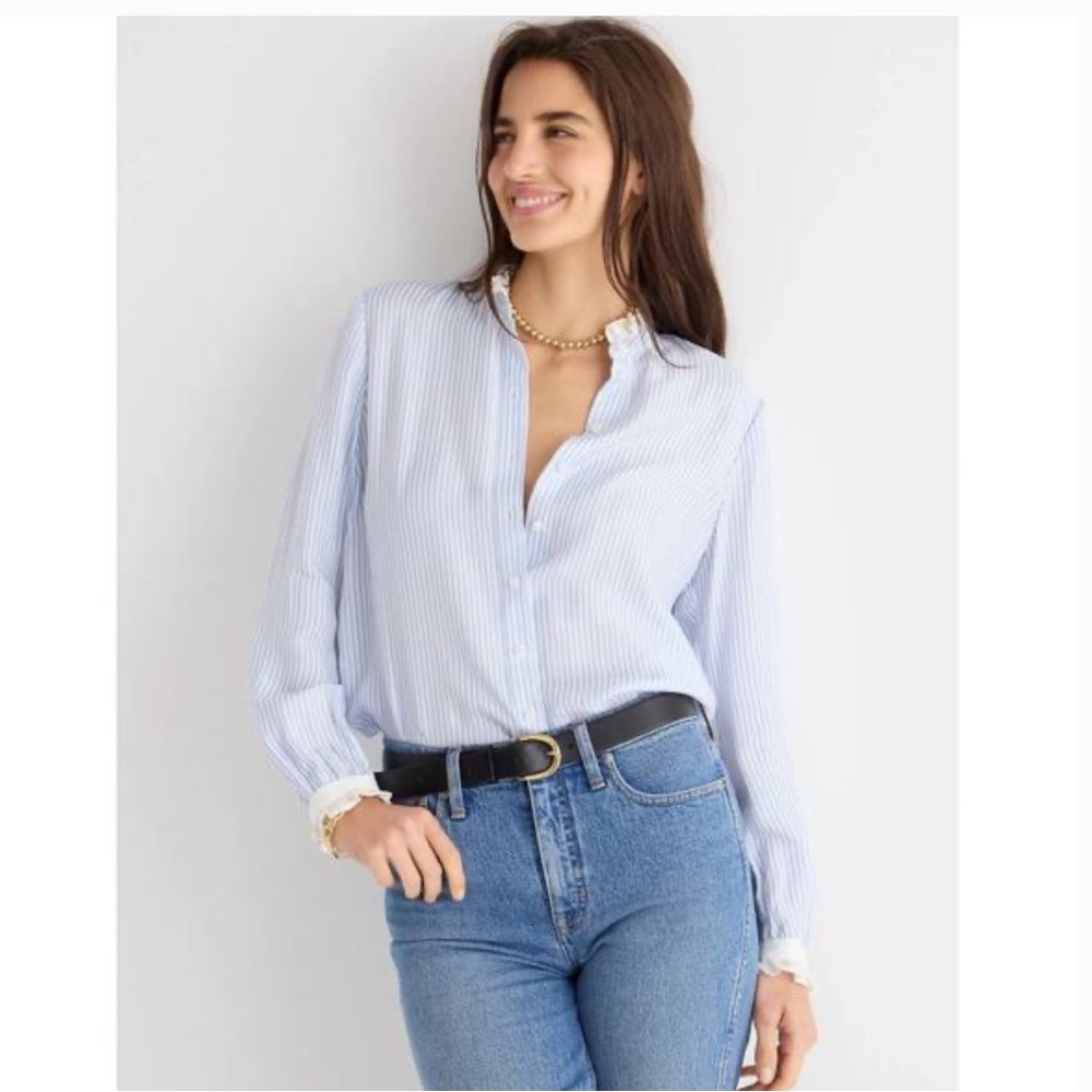 J. Crew Drapey Ruffle Trim Cupro Blend Striped Button Down Shirt